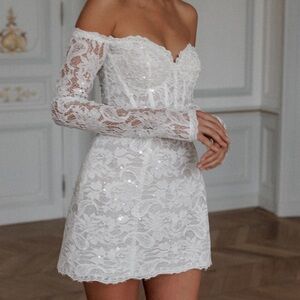 NWT Bridal Mini Elegant White Lace Off-Shoulder Dress